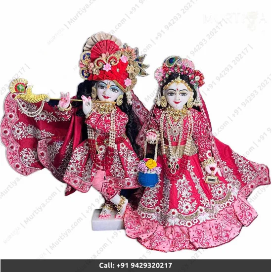 18 Inches ISKCON White Radha Krishna Marble Statue With Red Embroidery Dress Clothes Jewellery Pure Handmade